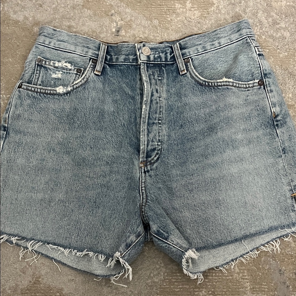 Agolde Light Blue High-Rise Distressed Denim Shorts